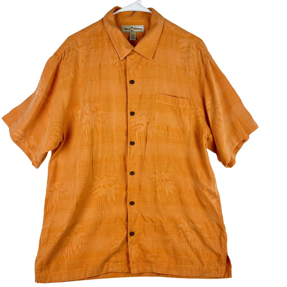Tommy Bahama Silk Camp Shirt Mens M Orange Palm Tree Jacquard Short Sleeve